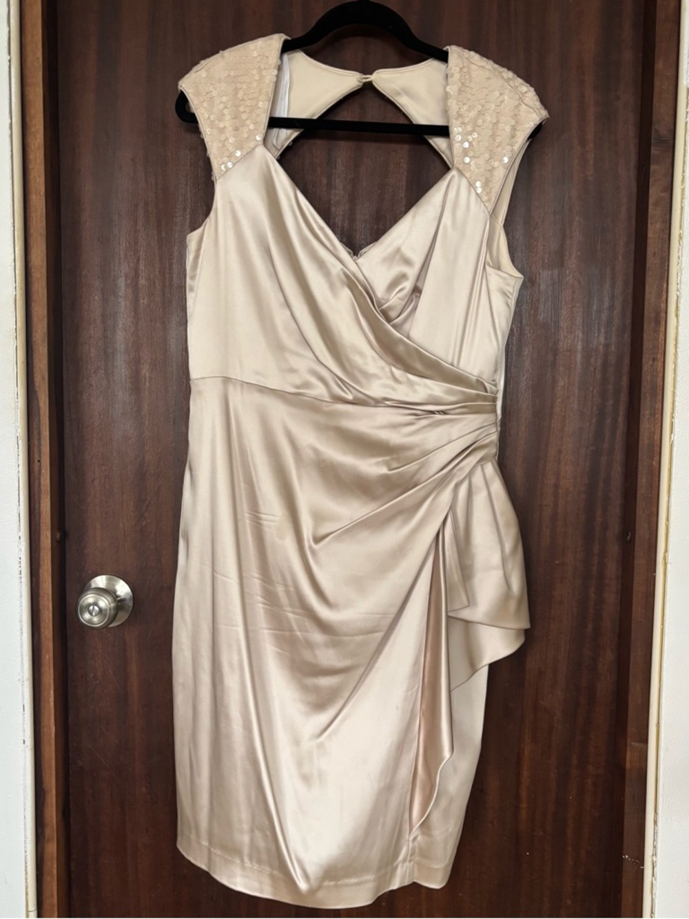 Maggy London Champagne Satin V-Neck Midi Dress with sequin shoulders